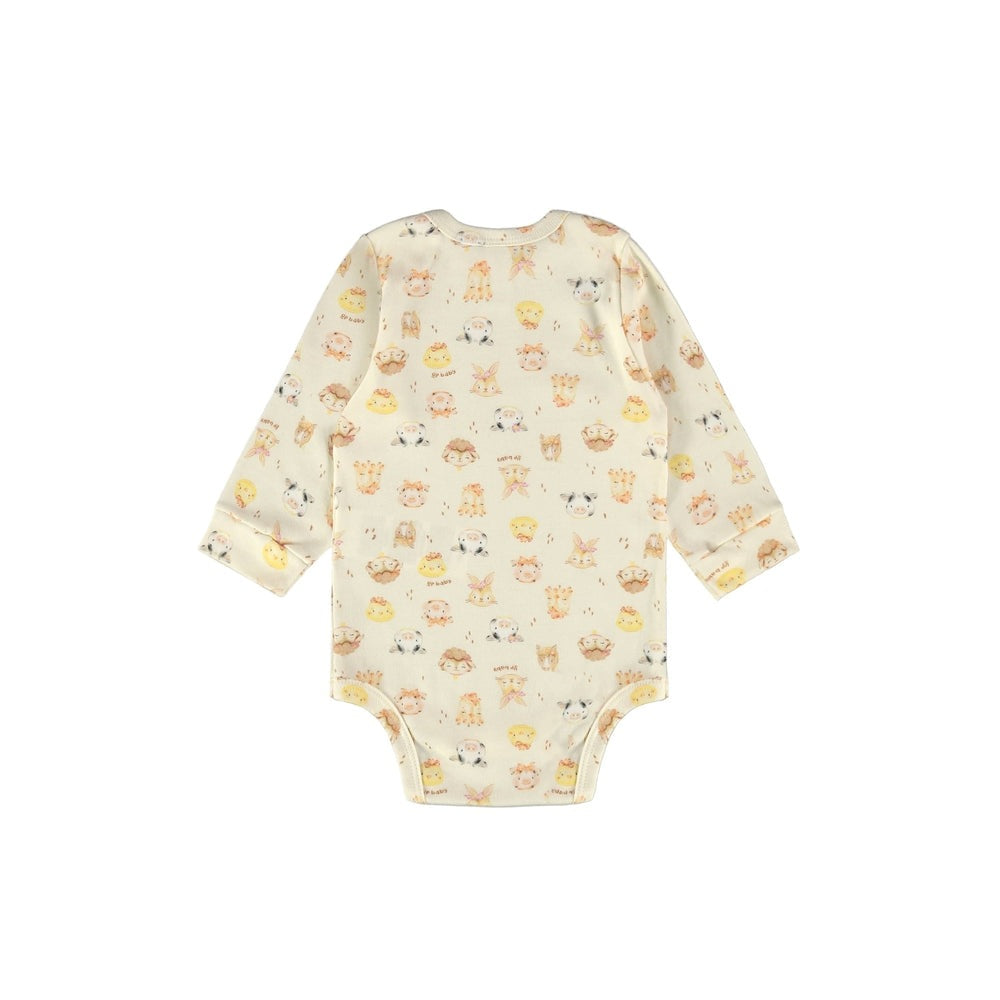 UP BABY long-sleeve baby bodysuit in cream jersey cotton with farm animal print