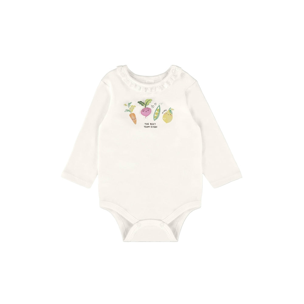 UP Baby long-sleeve bodysuit in white with colorful veggie print