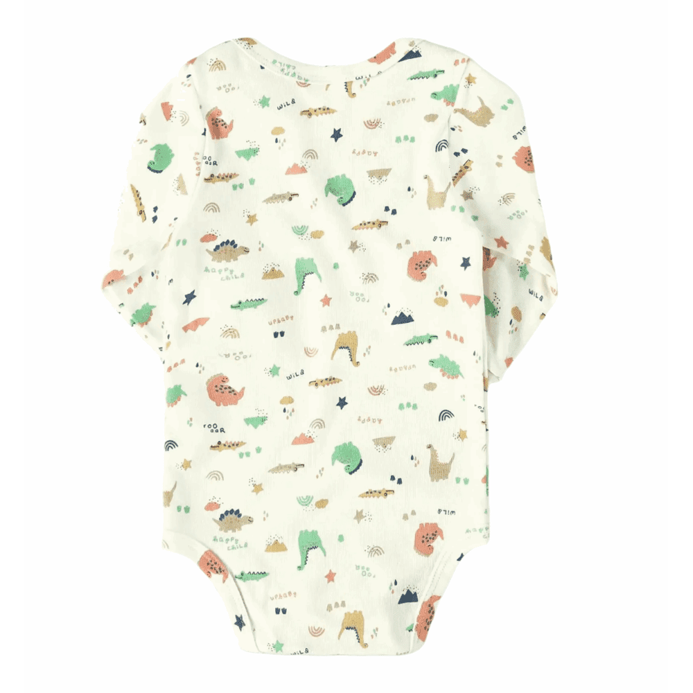 UPBABY baby boy long-sleeve bodysuit in off-white with colorful dinosaur print.
