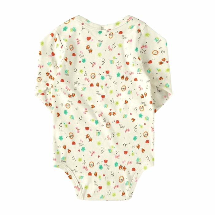 UPBABY baby girl long-sleeve bodysuit in off-white with colorful printed icons pattern