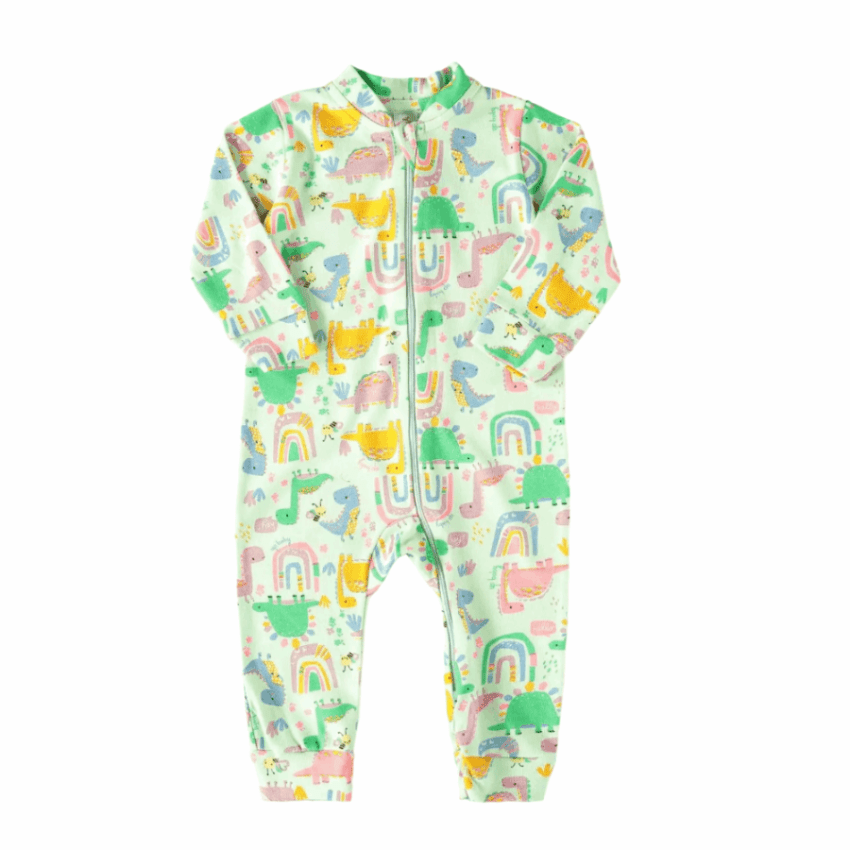 UPBABY baby jumpsuit green with pastel dinosaur and rainbow print
