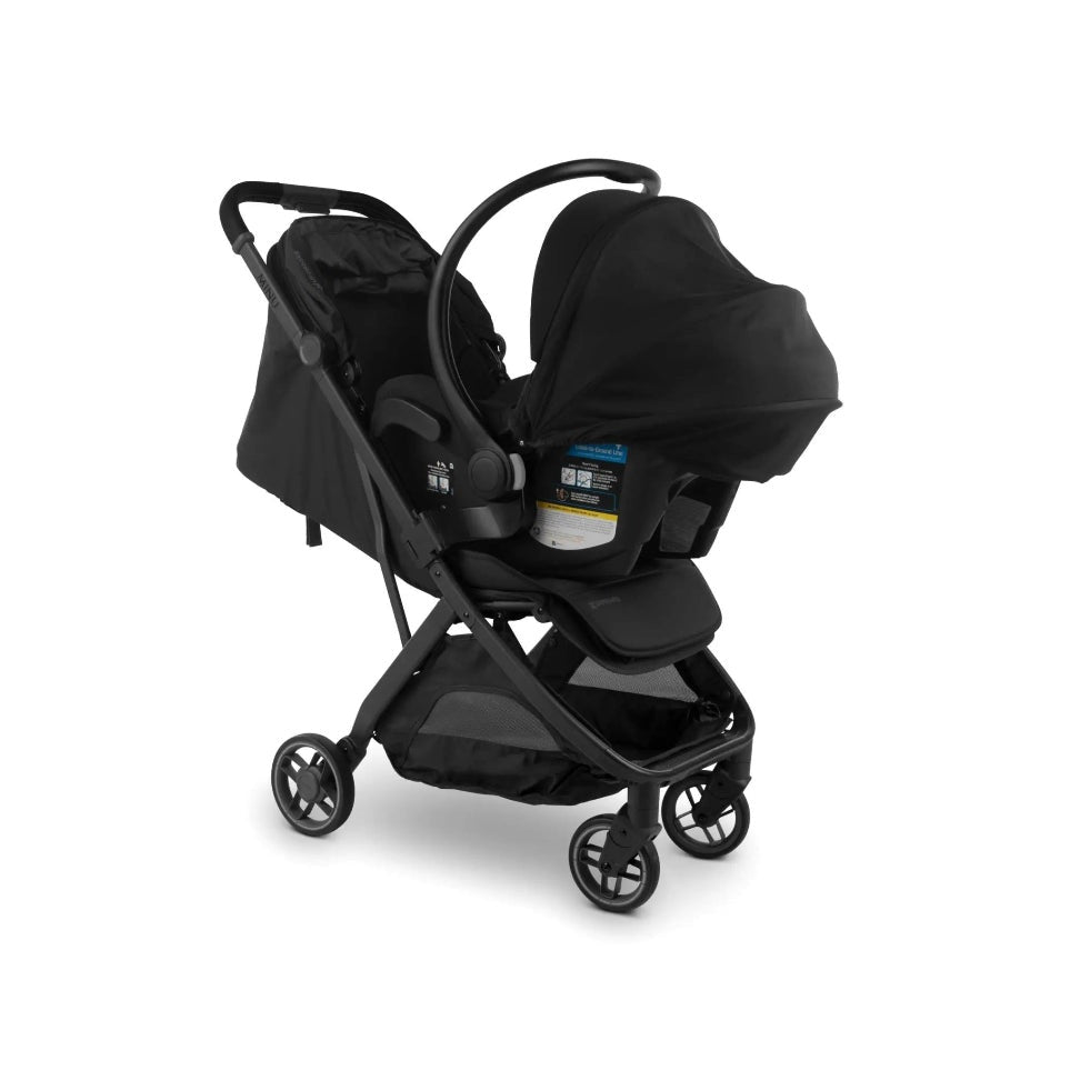 UPPAbaby Minu V3 adapters for Maxi-Cosi, Nuna, Cybex and Besafe car seats on a black stroller