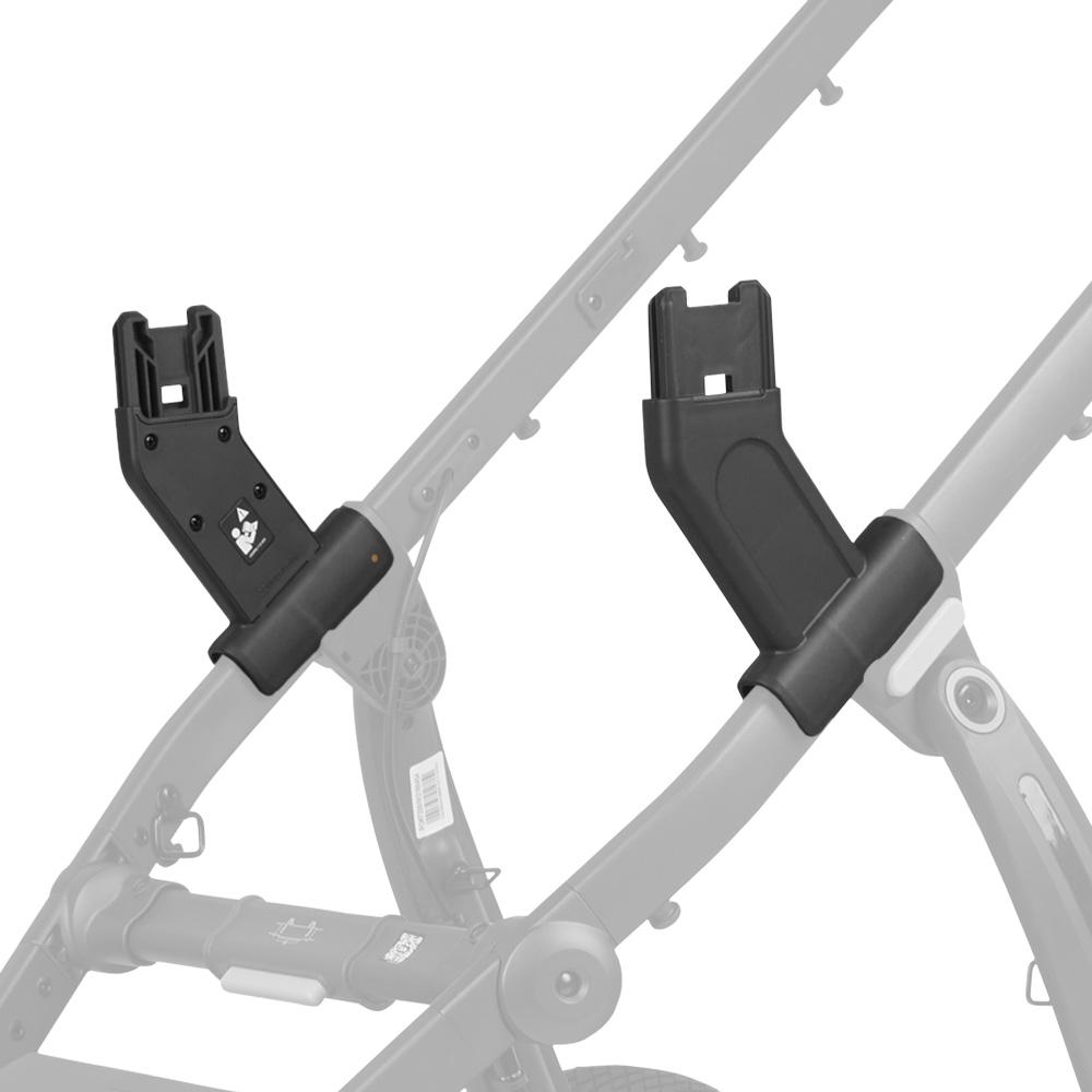 Uppababy Ridge adapters for Mesa and Bassinet; black plastic adapters on a gray stroller frame
