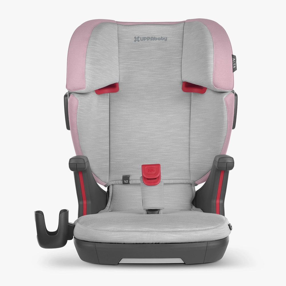 UPPAbaby Alta V2 High Back Booster Seat in gray with pink trim, red buckle fastened and ready for use.