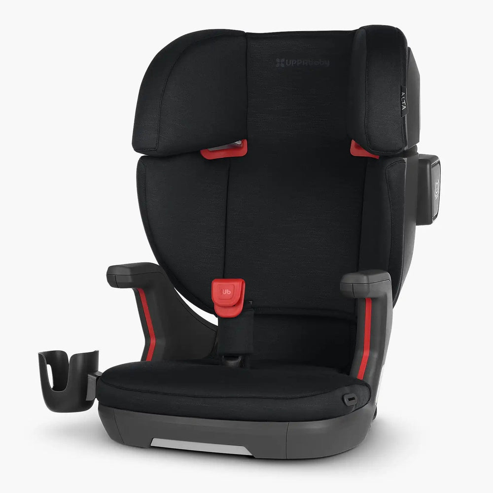 Uppababy Alta V2 High Back Booster Seat, black with red trim, cup holder attached on the side.