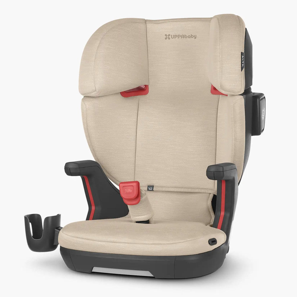 Uppababy Alta V2 High Back Booster Seat in beige fabric, red buckle fastened, black base.