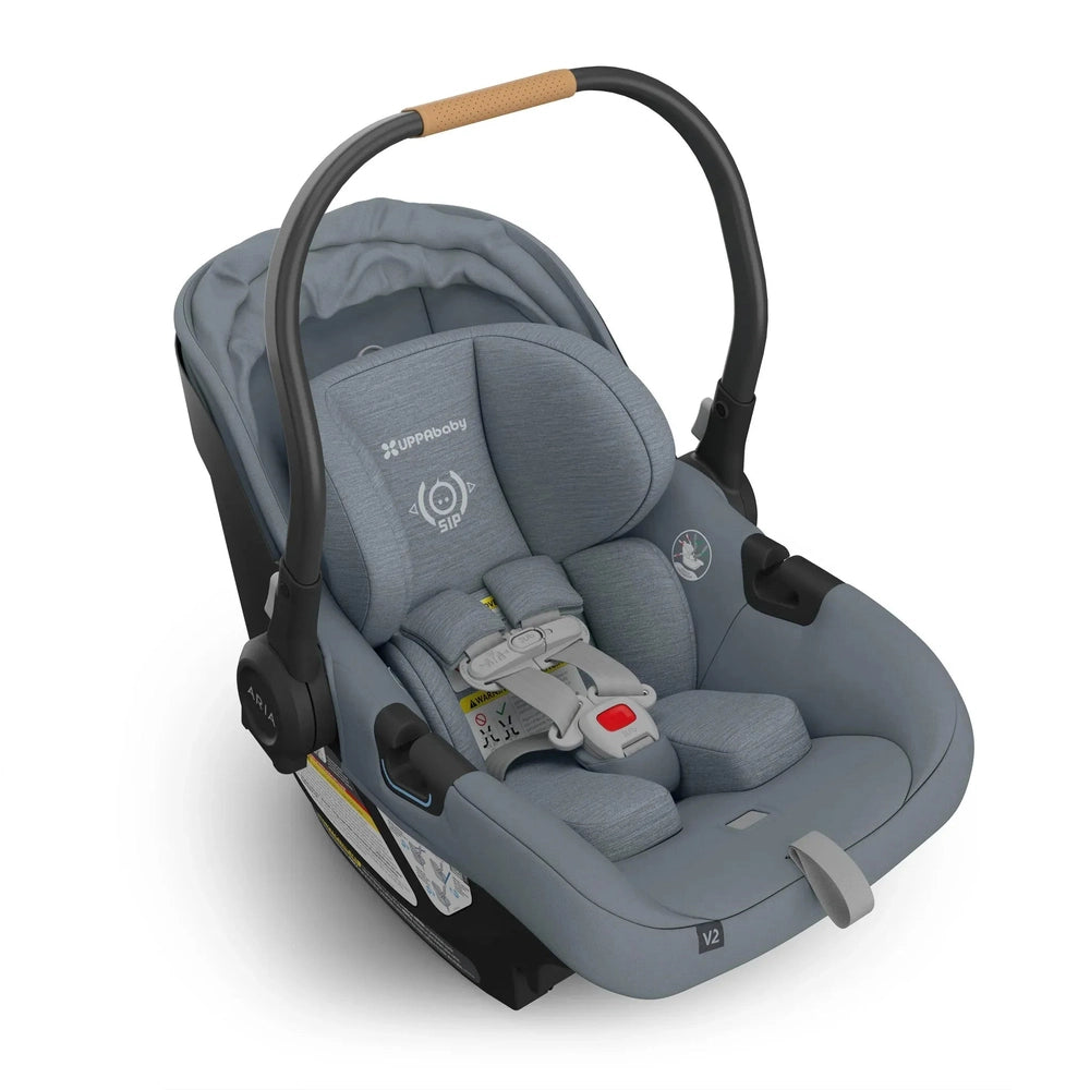 UPPAbaby Aria V2 Car Seat in Slate Gray with tan handle grip