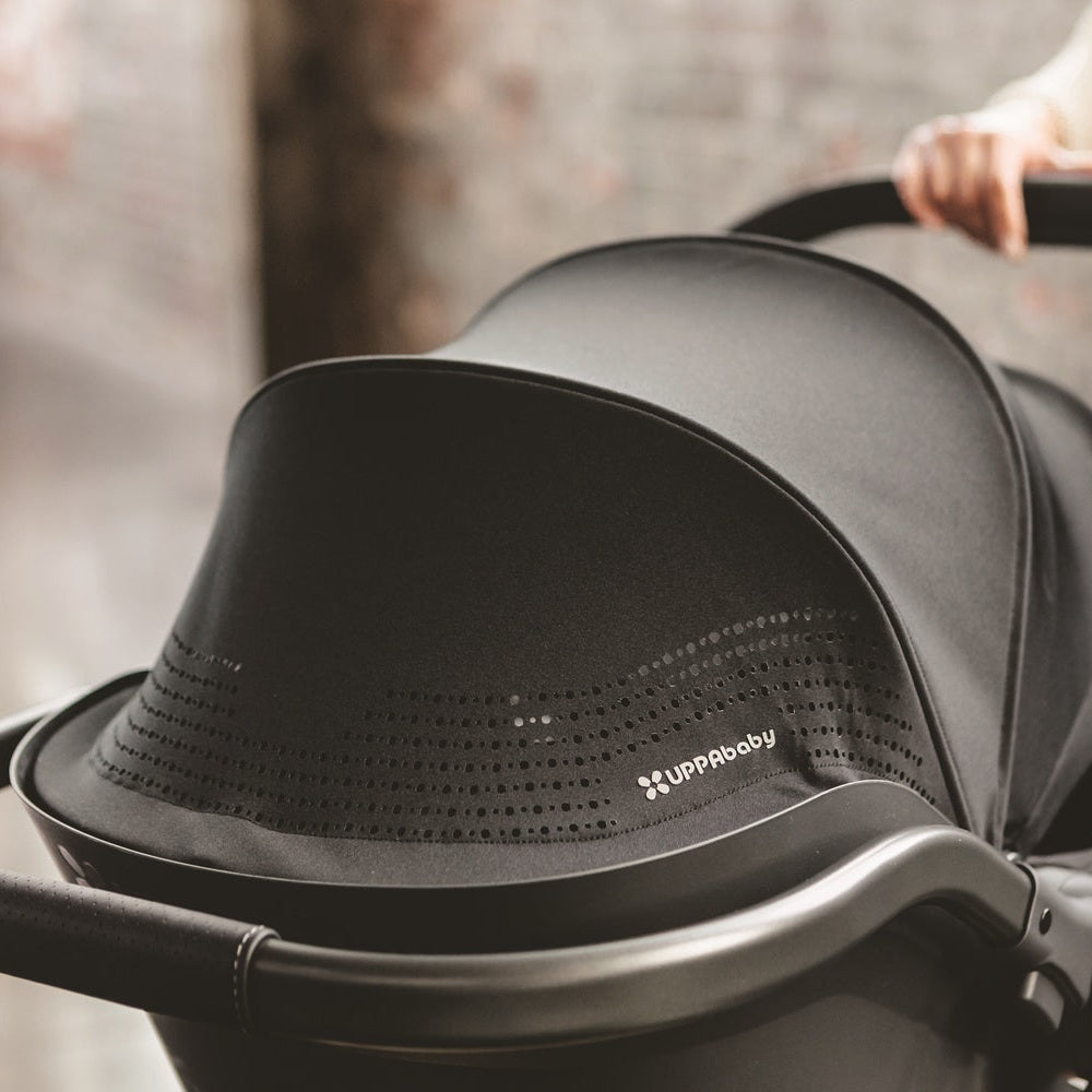 Black stroller seat with 'Happylab' branding attached to a stroller.