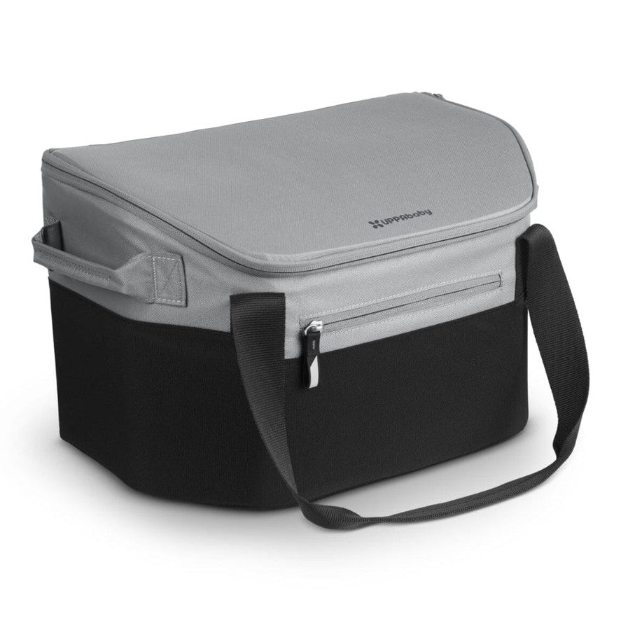 Bevvy stroller basket cooler by Uppababy in grey top and black base with adjustable shoulder strap