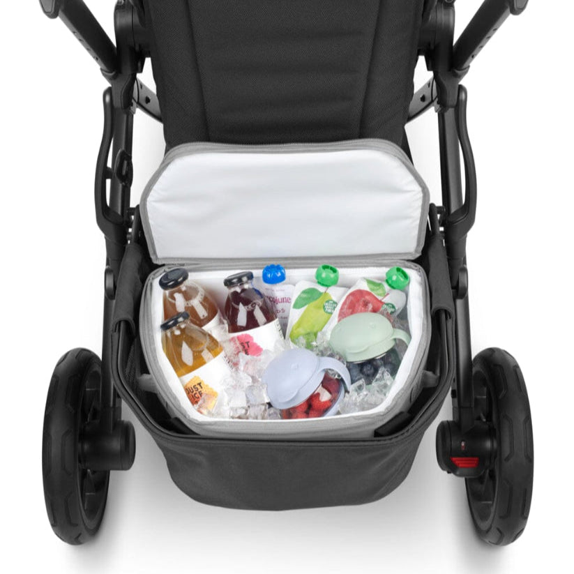 Uppababy Bevvy Stroller Basket Cooler in gray, filled with bottles and beverages