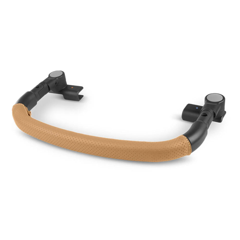 Uppababy Minu V3 bumper bar with tan leather pad and black mounting ends, stroller accessory