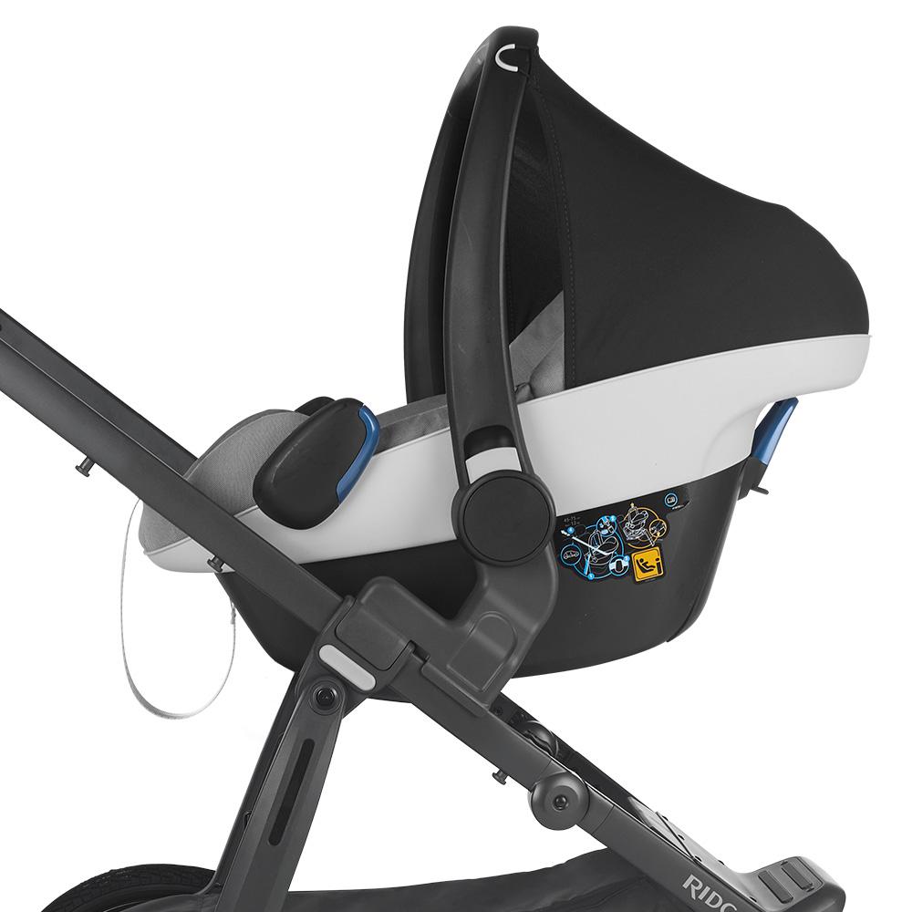 UPPAbaby Ridge car seat adapters in black frame with gray seat and blue accents