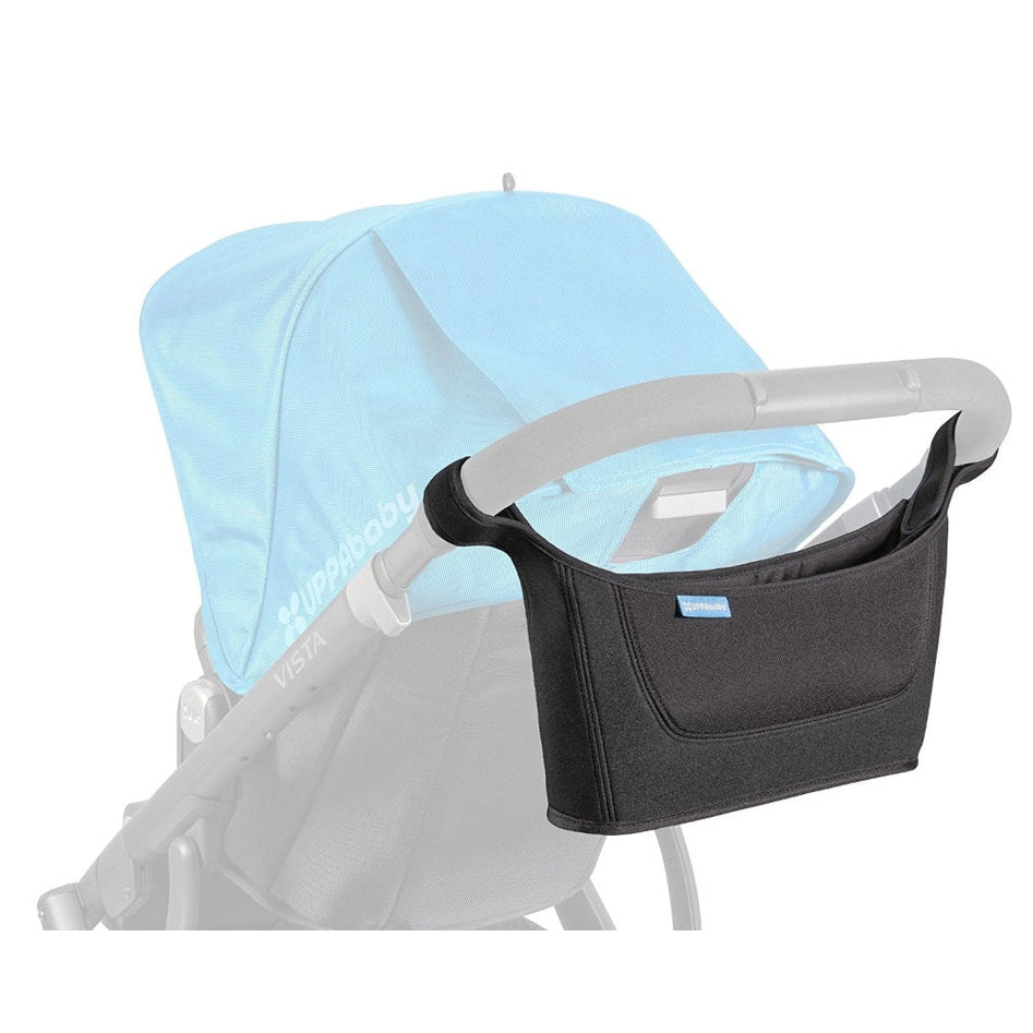 Uppababy Carry All Parent Organizer in black fabric with blue logo mounted on stroller handle.