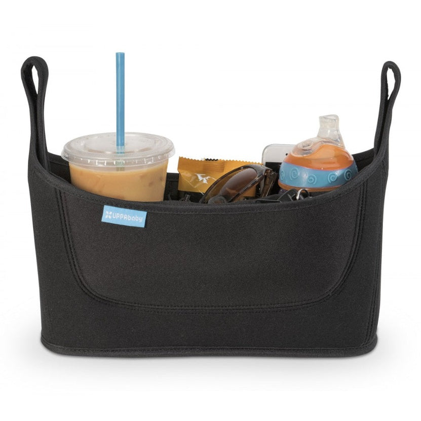 UPPAbaby Carry All Parent Organizer in black fabric with cup, bottle, snacks and sunglasses