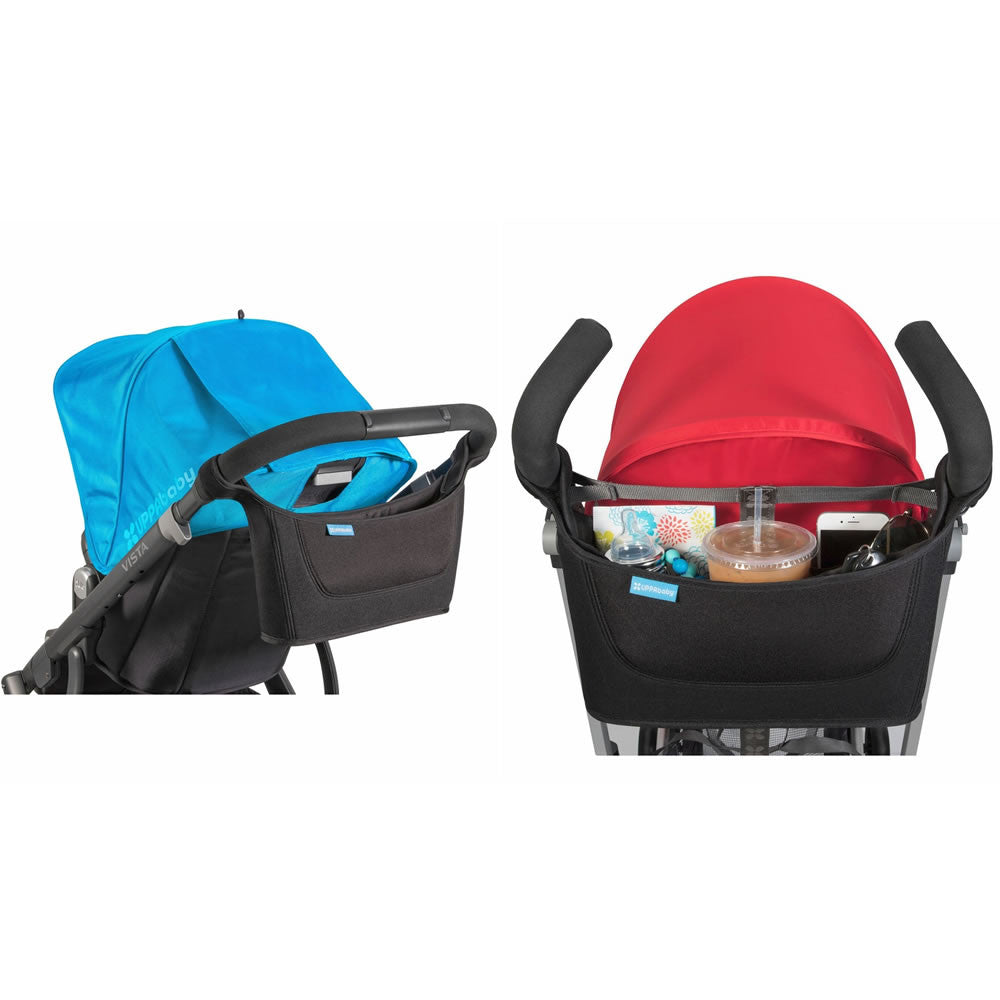 Uppababy Carry All Parent Organizer; black organizers on two strollers with blue and red canopies.