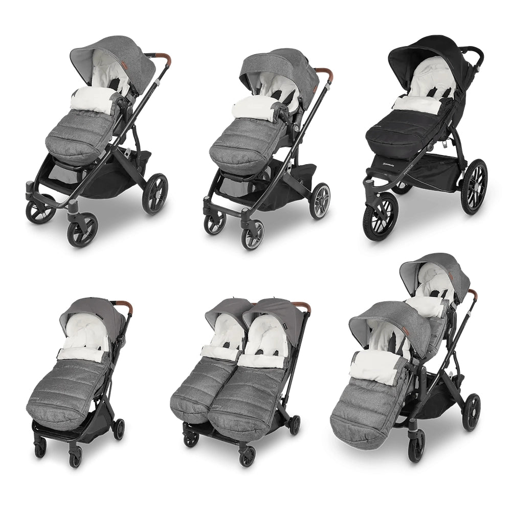 Uppababy Cozy Ganoosh footmuffs shown on gray strollers, keeping baby warm in six configurations.