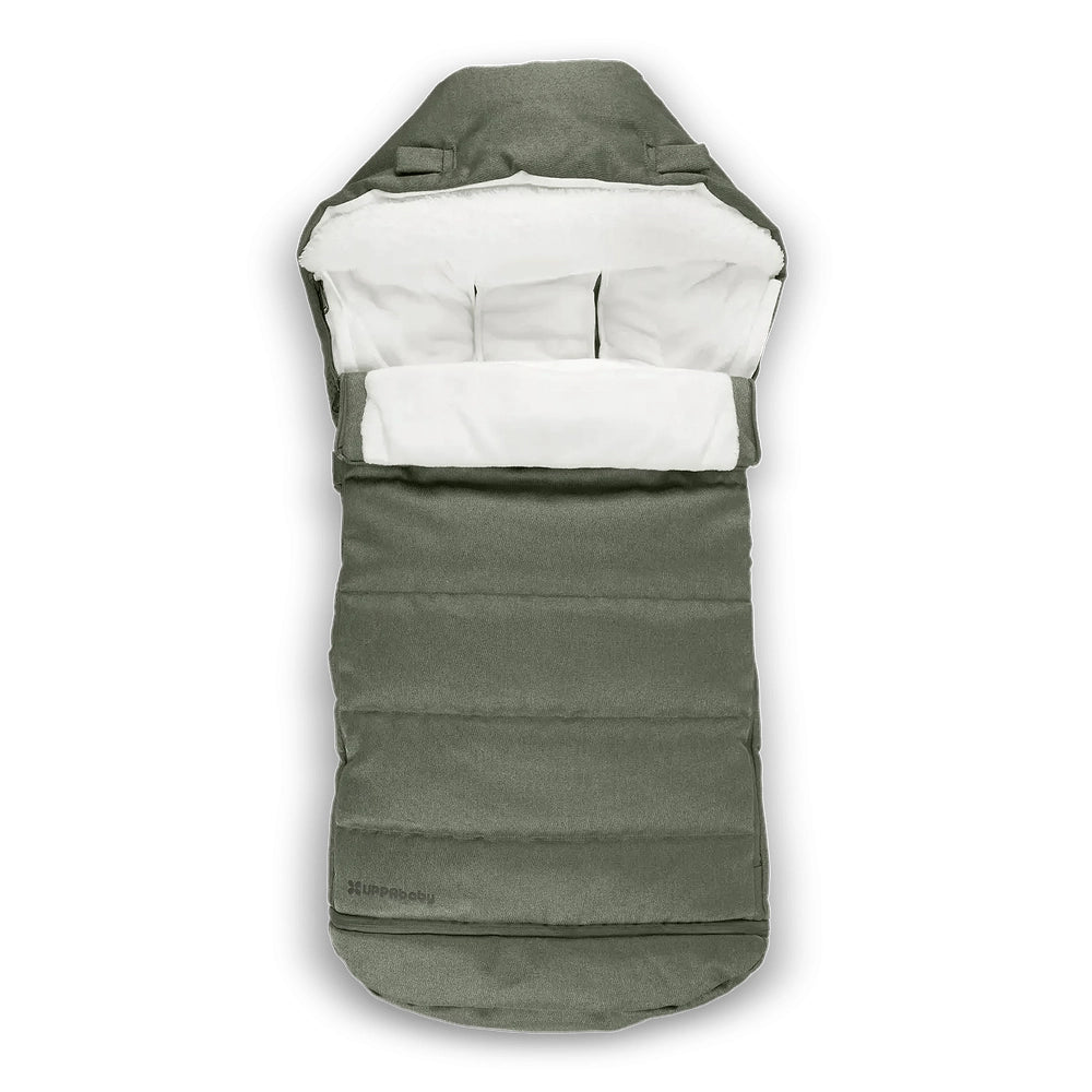 UPPABABY Cozy Ganoosh footmuff in olive green with white lining, opened to reveal plush interior keeping baby warm.