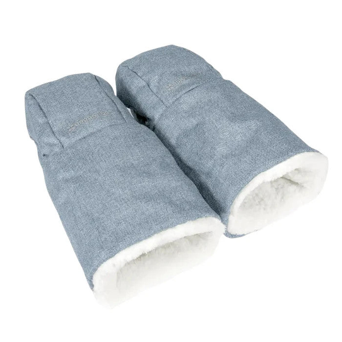 Uppababy Cozy Handmuffs blue-gray with white fleece lining, a pair laid flat to showcase plush interior.