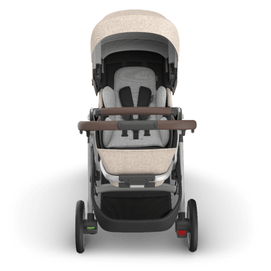 Uppababy Cruz V3 stroller, beige fabric with gray seat and brown handlebar, front view
