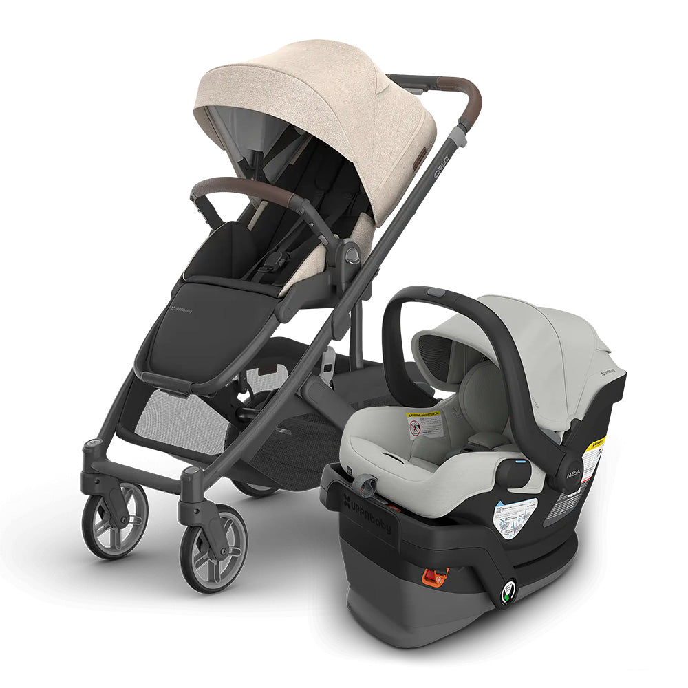 UPPABABY Cruz V3 Stroller + Mesa V3 infant car seat travel system; beige canopy, gray frame, car seat securely attached.