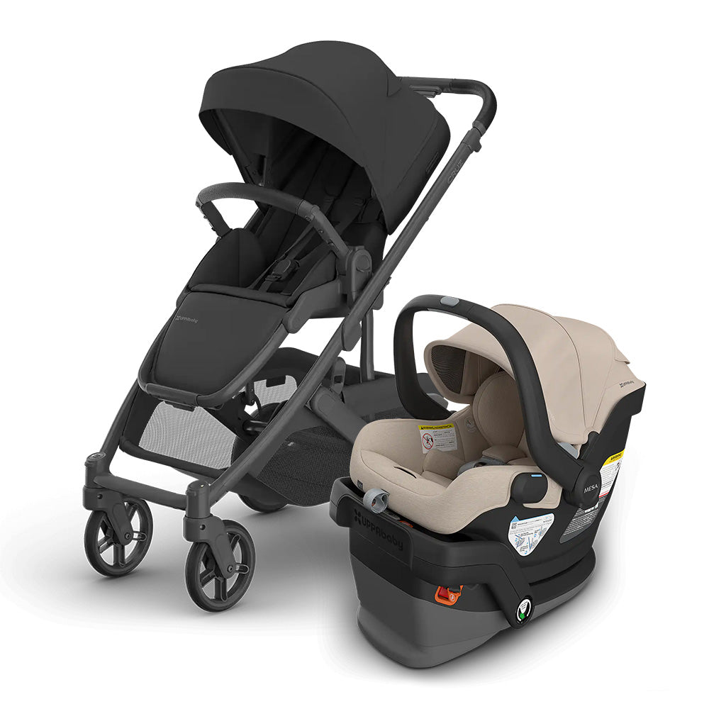 UPPABABY Cruz V3 Stroller + Mesa V3 Infant Car Seat Travel System, black stroller with beige car seat attached.