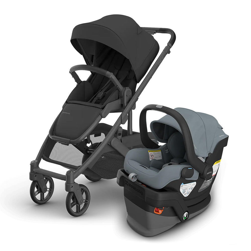 UPPABABY Cruz V3 Stroller and Mesa V3 Infant Car Seat Travel System in gray, stroller with canopy and car seat attached.