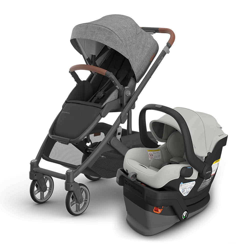 UPPABABY Cruz V3 Stroller + Mesa V3 Infant Car Seat Travel System in gray, with car seat attached and ready for use.