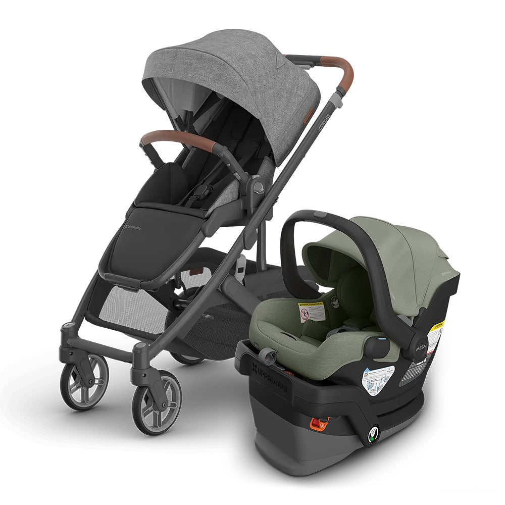 UPPABABY Cruz V3 Stroller + Mesa V3 Infant Car Seat Travel System in gray, canopy up, car seat attached.