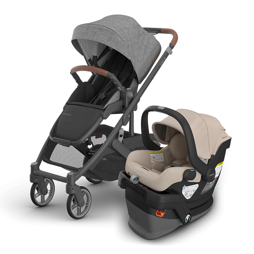 UPPABABY Cruz V3 Stroller + Mesa V3 Infant Car Seat Travel System with beige car seat attached to gray stroller.