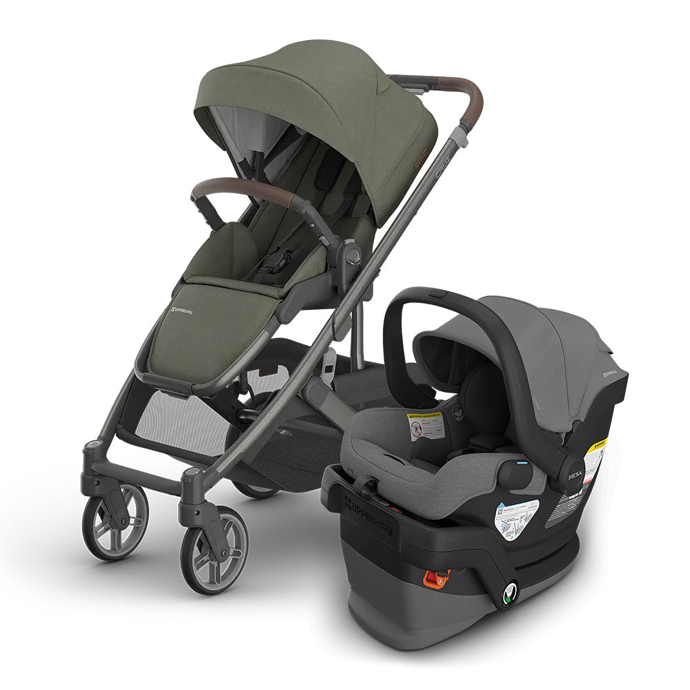 Uppababy Cruz V3 Stroller + Mesa V3 Infant Car Seat Travel System—olive stroller with attached car seat, ready for use.