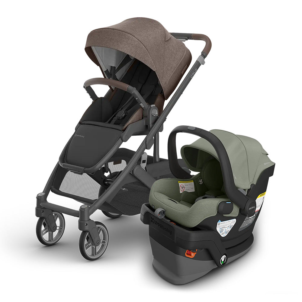 UPPABABY Cruz V3 Stroller + Mesa V3 Infant Car Seat Travel System: brown canopy stroller with olive car seat.