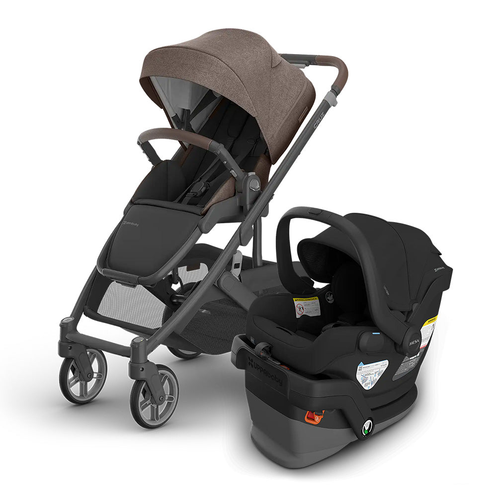 Uppababy Cruz V3 Stroller + Mesa V3 Infant Car Seat Travel System, brown canopy stroller connected to black infant seat.