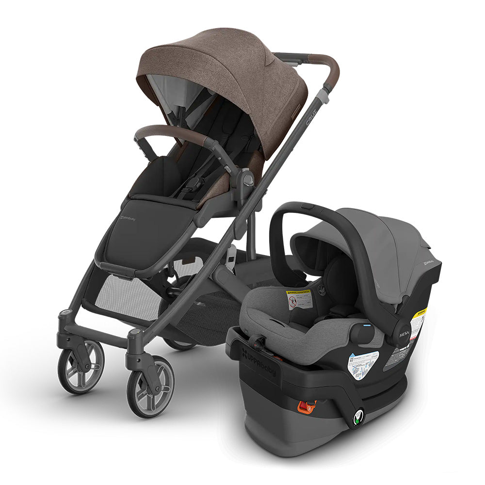 UPPABABY Cruz V3 Stroller + Mesa V3 Infant Car Seat Travel System in brown/gray, car seat attached for on-the-go.