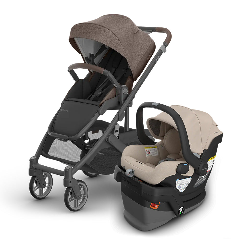 UPPABABY Cruz V3 Stroller + Mesa V3 Infant Car Seat Travel System in taupe/beige, shown with canopy over the stroller.