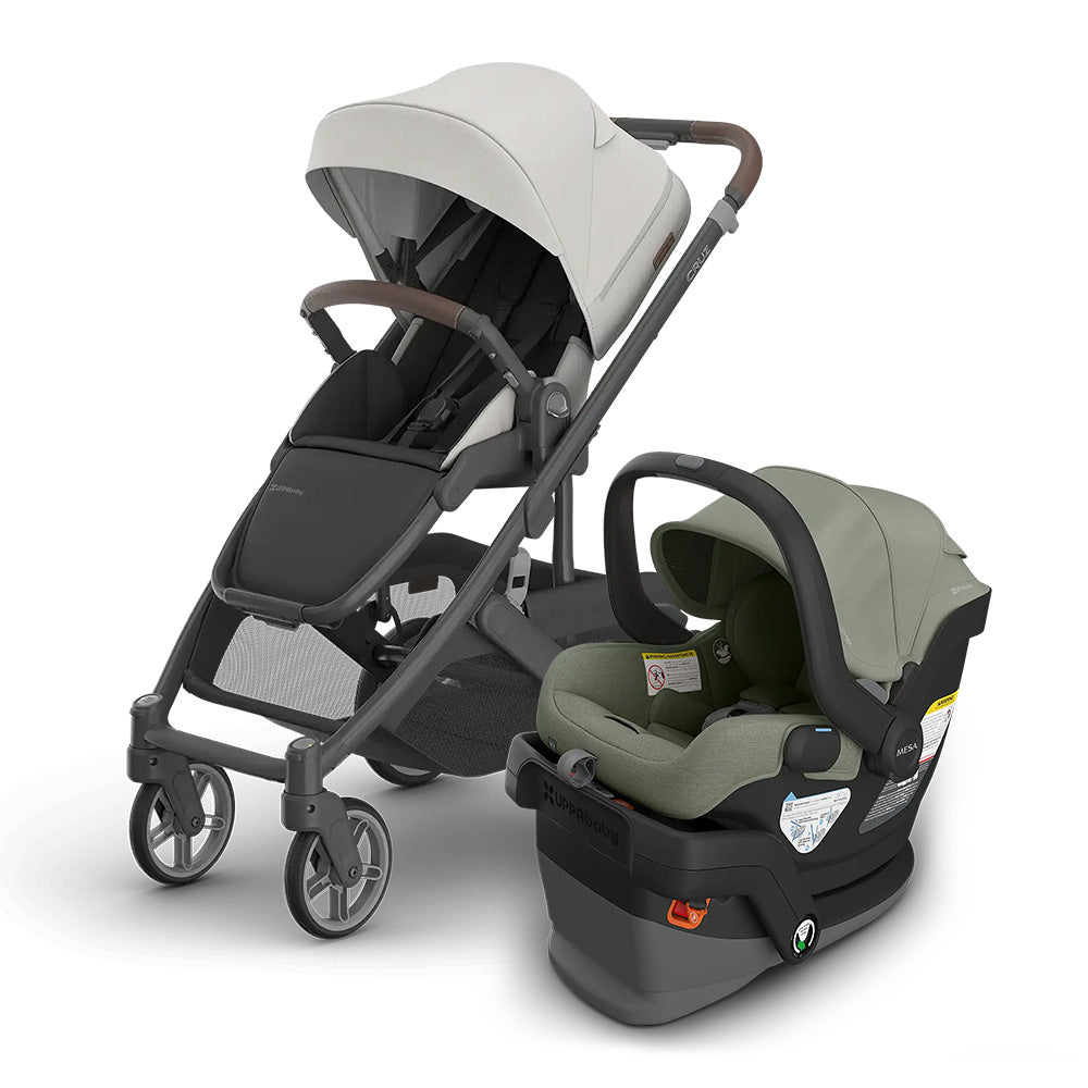 UPPABABY Cruz V3 Stroller and Mesa V3 Infant Car Seat Travel System with attached car seat and beige canopy.