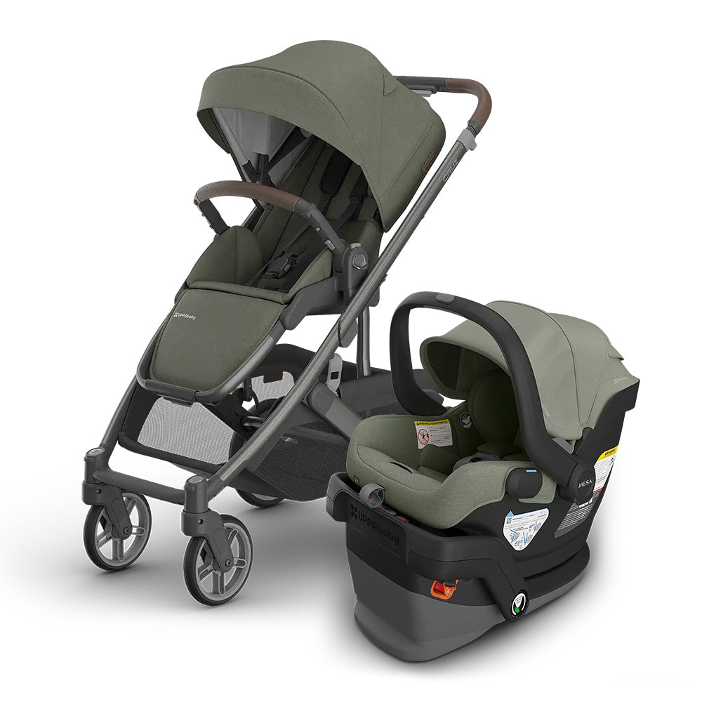 UPPABABY Cruz V3 Stroller + Mesa V3 Infant Car Seat Travel System in olive; stroller with canopy and attached car seat.