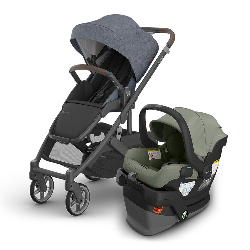 UPPABABY Cruz V3 Stroller and Mesa V3 Infant Car Seat Travel System in gray-blue stroller with green car seat, ready for use.