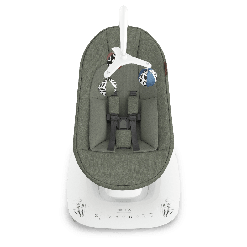 Uppababy Mamaroo Smart Swing in olive green fabric with white base and toy bar with hanging balls