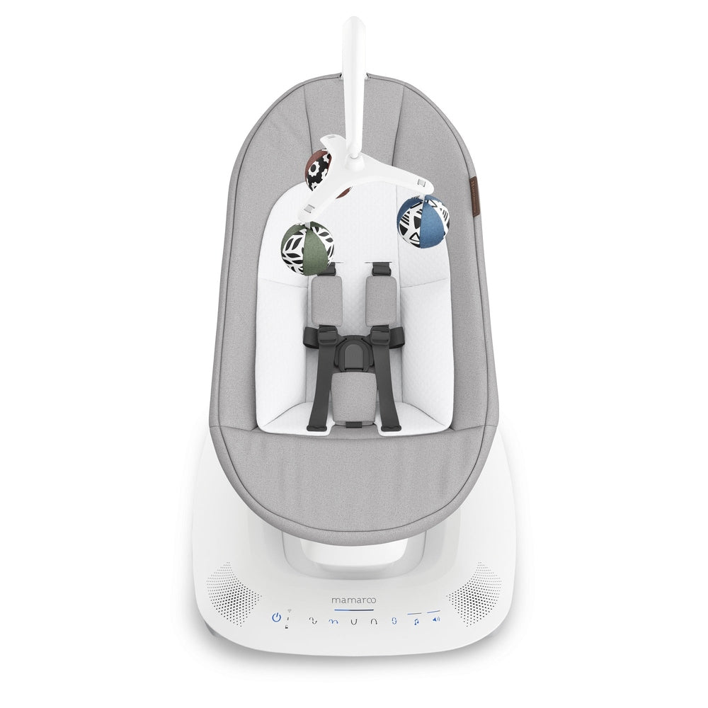 Uppababy Mamaroo Smart Swing in gray fabric with white interior and colorful toy mobile