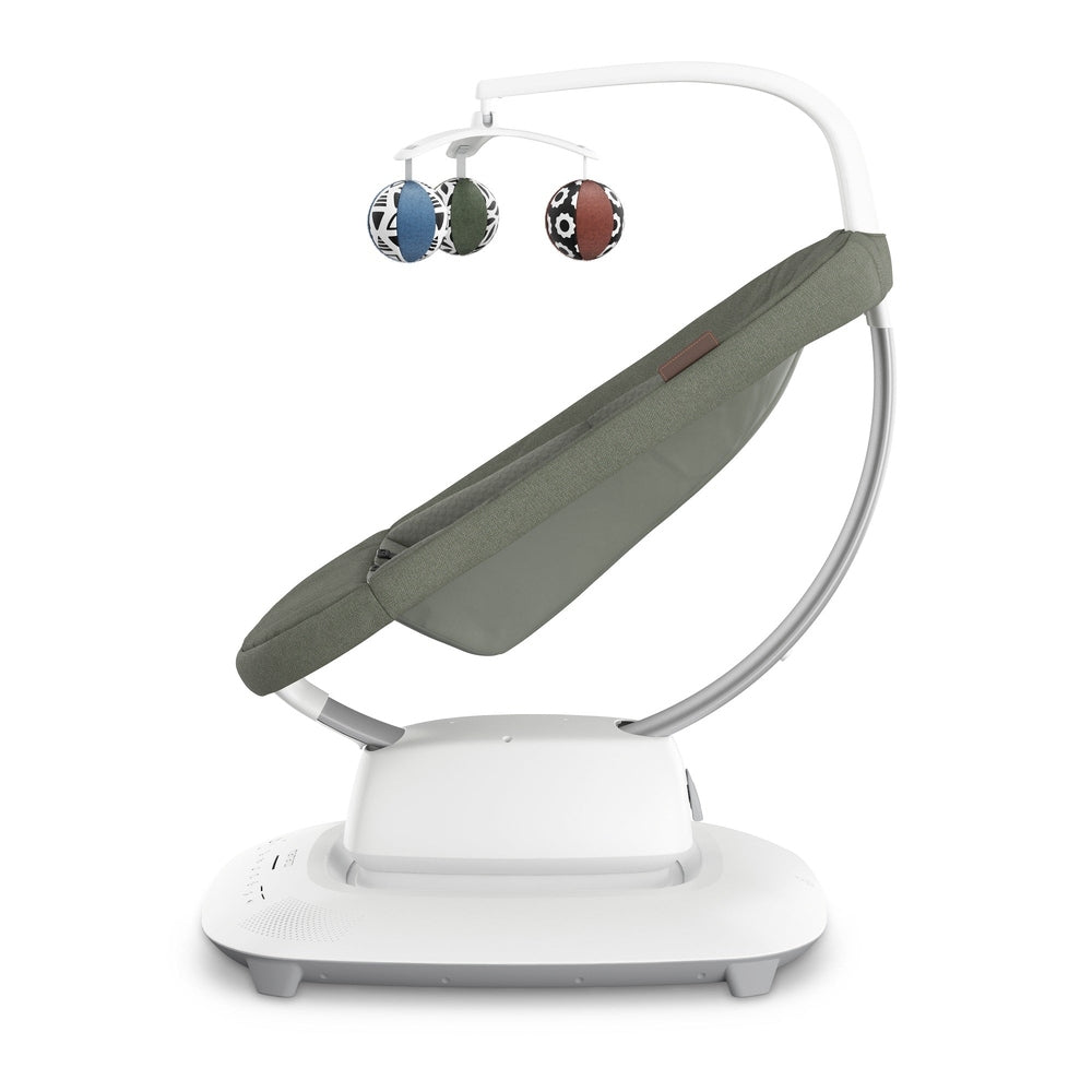 Uppababy Mamaroo Smart Swing with gray fabric seat and white frame, toy mobile with 3 patterned balls