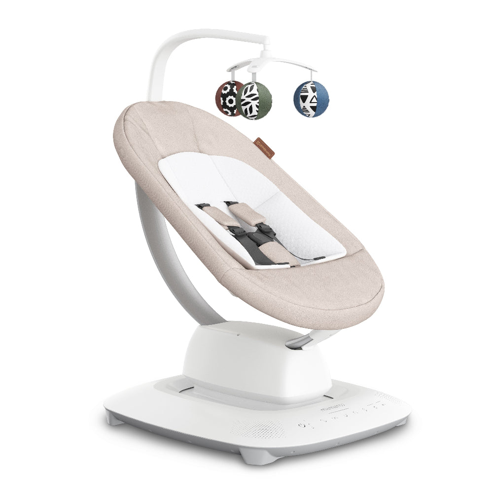 Uppababy Mamaroo Smart Swing beige fabric, white frame, with hanging toy balls