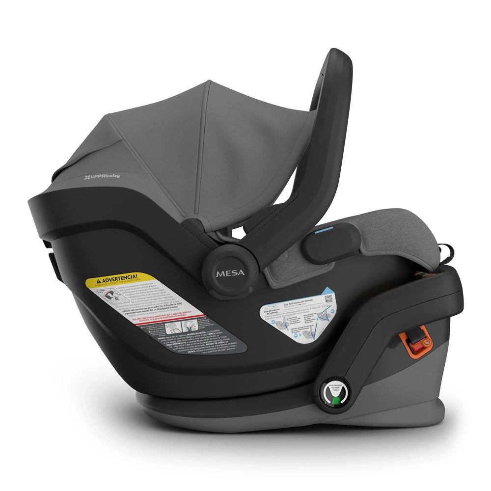 Uppababy Mesa V3 Infant Car Seat, gray canopy, attached to its base with sleek black-gray frame.