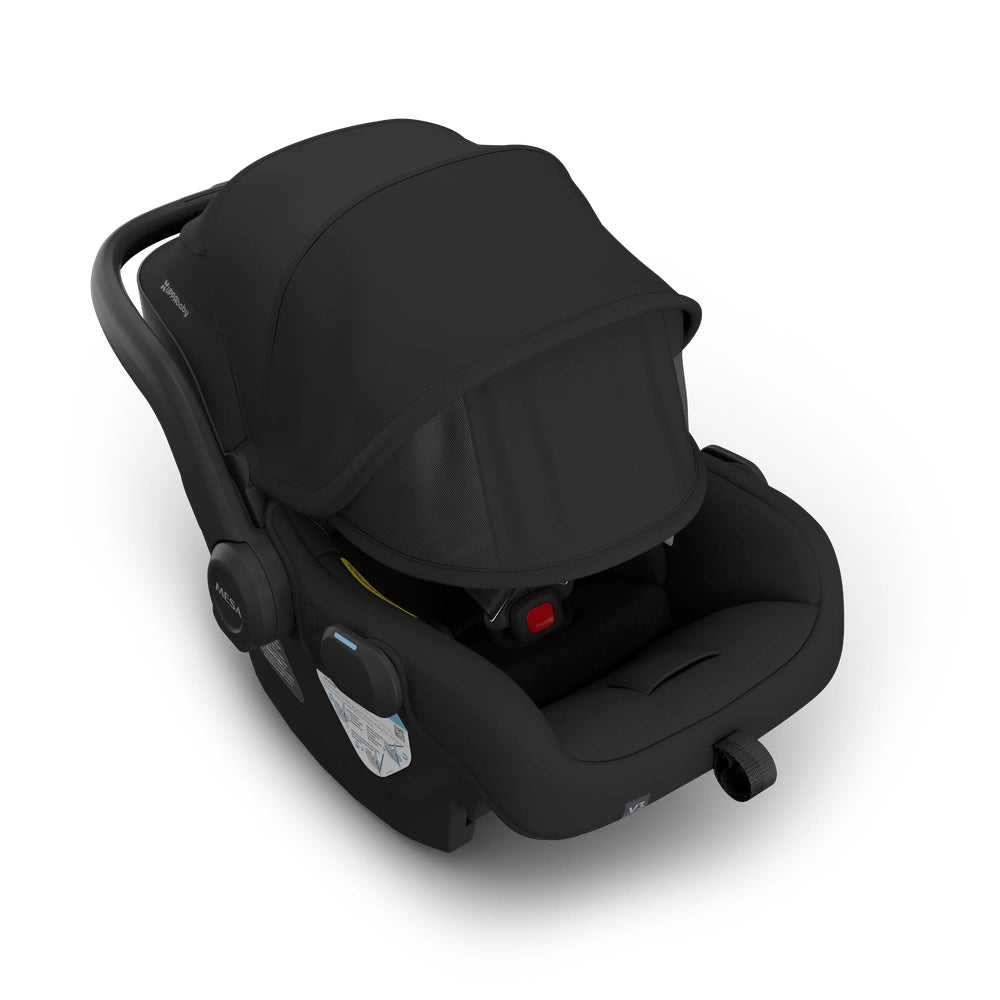 UPPAbaby Mesa V3 Infant Car Seat in black with extended canopy and ergonomic carry handle.
