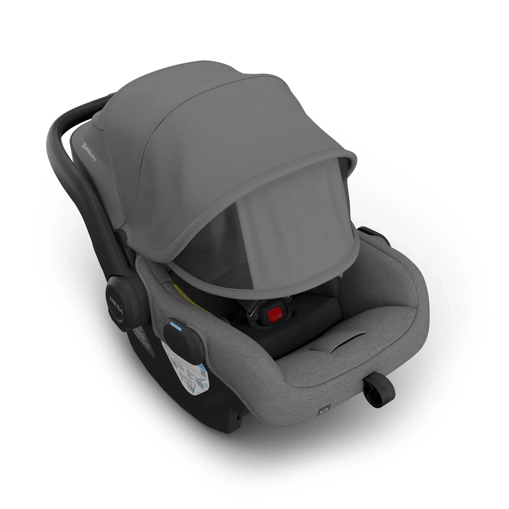 UPPABABY Mesa V3 Infant Car Seat in gray with extended canopy and curved carrying handle
