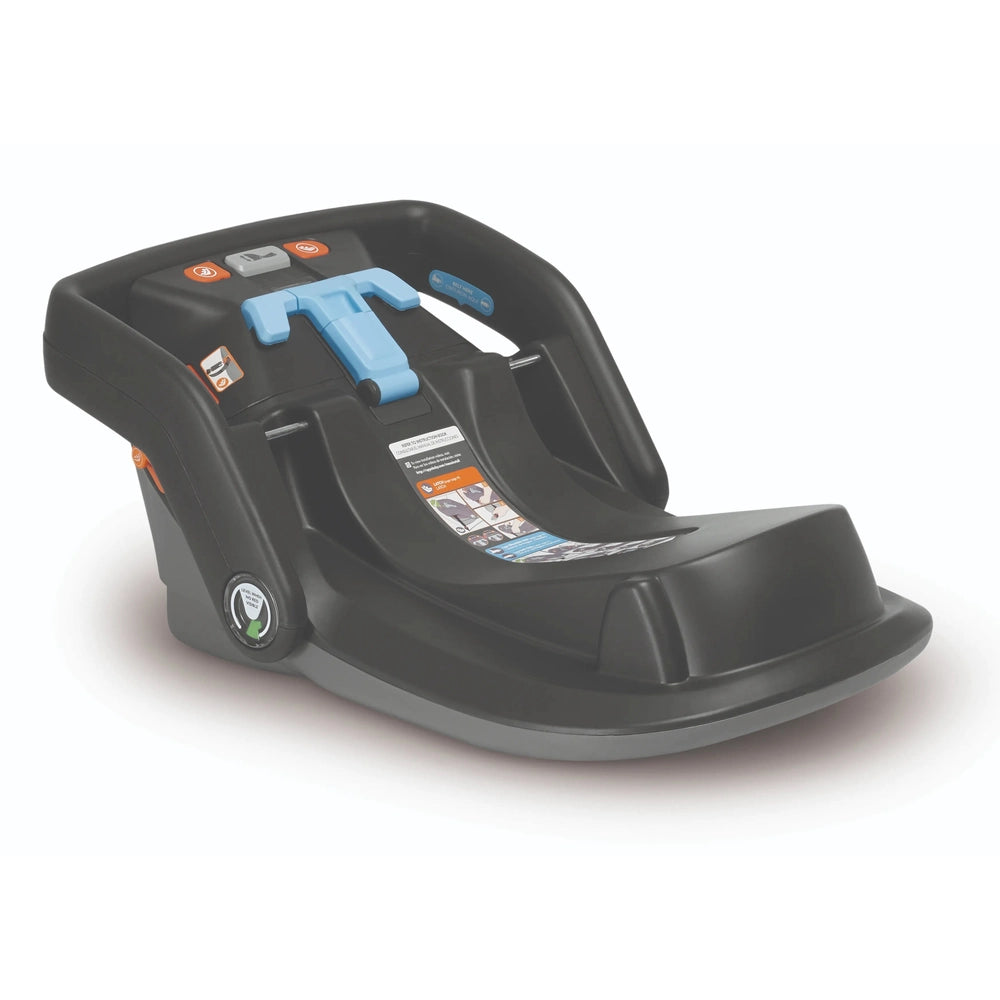 UPPABABY Mesa V3 Infant Car Seat in black with a blue raised carry handle, showing base and install guides.