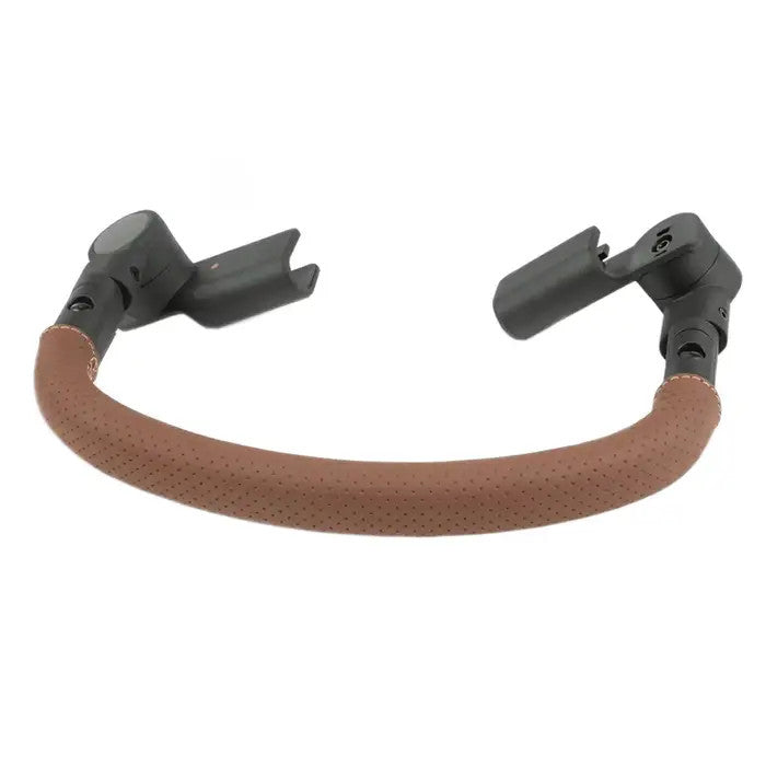 Uppababy Minu Duo Bumper Bar in brown leather attached to a stroller with black adapters for city use.
