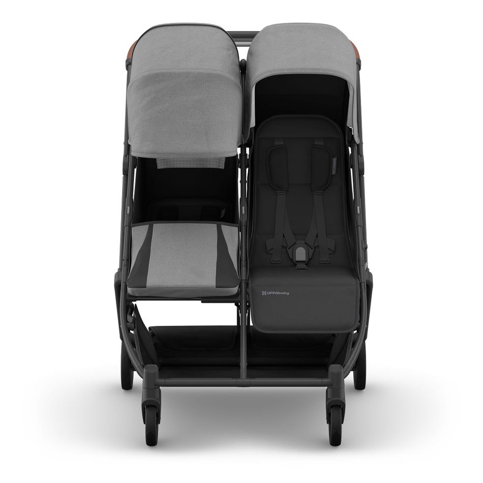 UPPAbaby Minu Duo Stroller in gray fabric, twin-seat layout with two 5-point harnesses and canopies.