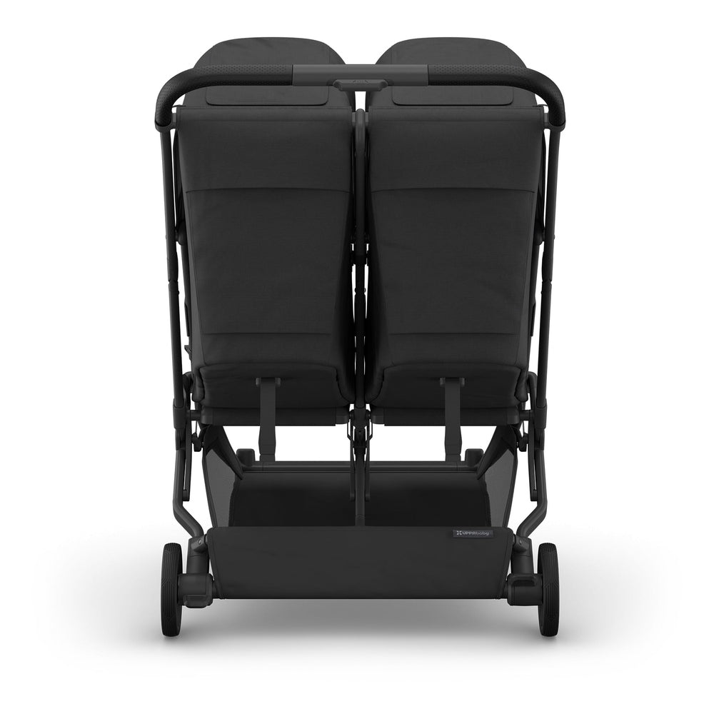 Uppababy Minu Duo Stroller in black, twin-seat design with slim aluminum frame, viewed from rear with two seats and rear wheels.