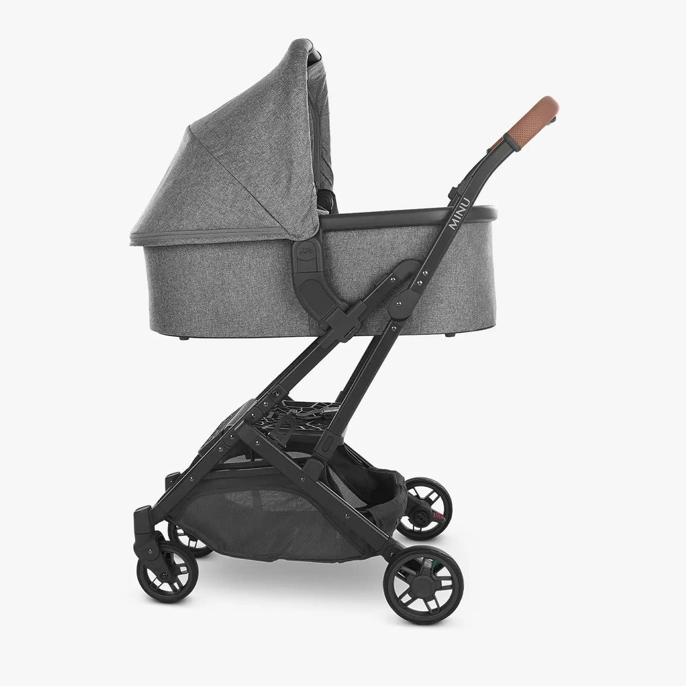 Uppababy Minu V2 bassinet and Mesa adapter in gray fabric, compatible with all models