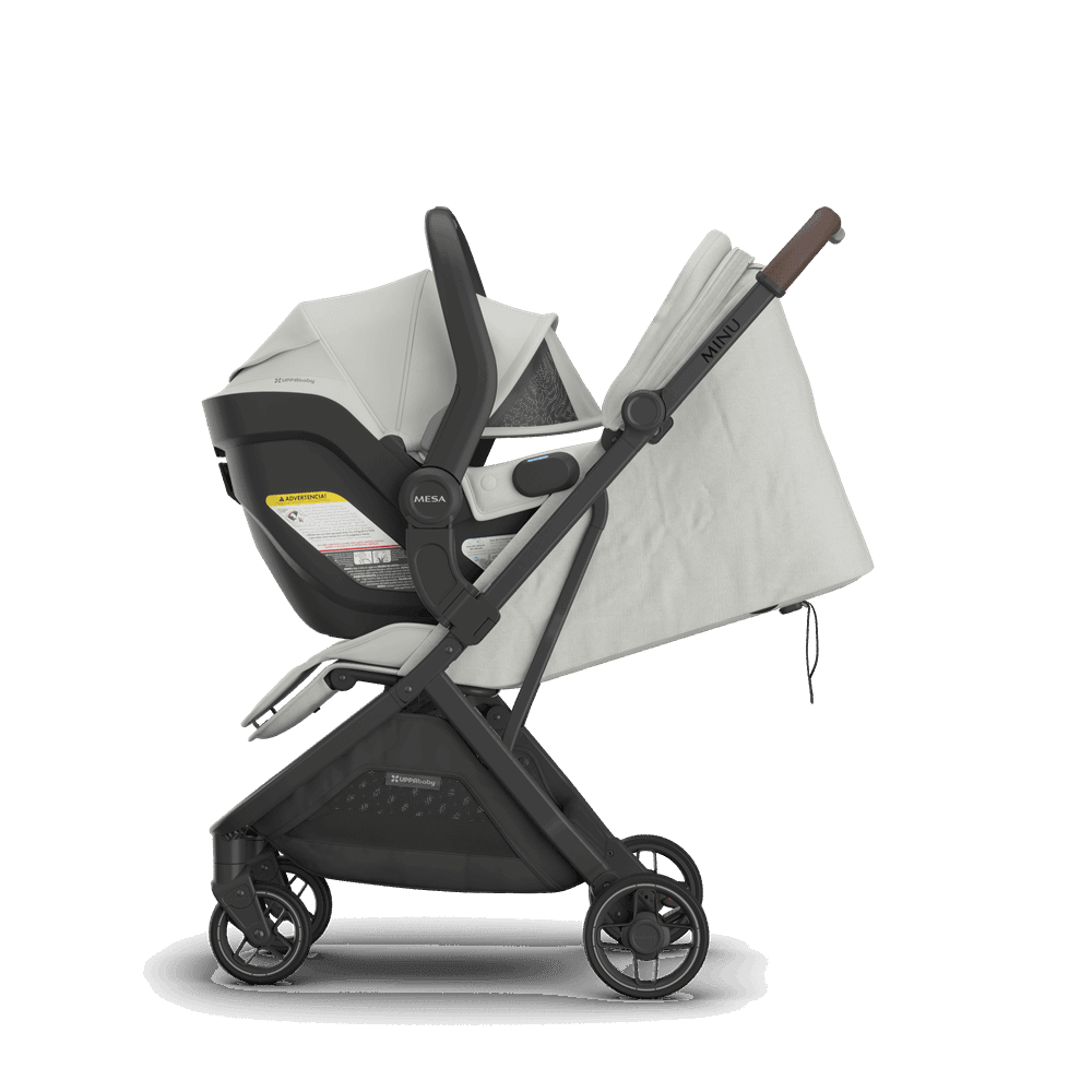 UPPAbaby Minu V3 stroller with bassinet attached; light gray fabric, black frame and wheels